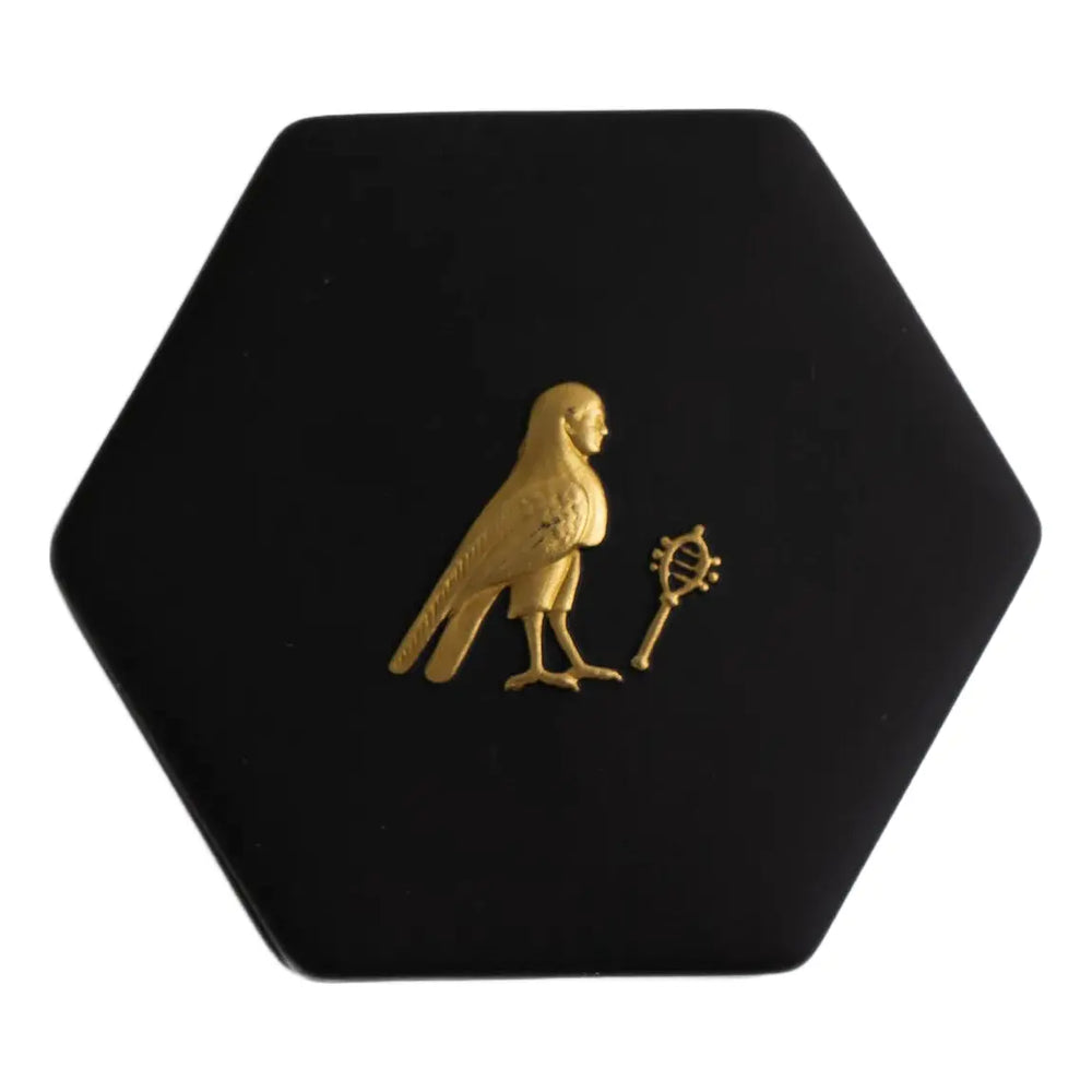Vintage 1970s Wedgwood black jasperware hexagonal trinket box with gold Egyptian Horus relief