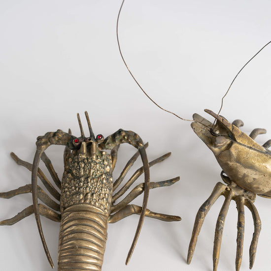 Load image into Gallery viewer, Mid Century Vintage Brass Sea Creatures Lobster Red Jewel Eyes 
