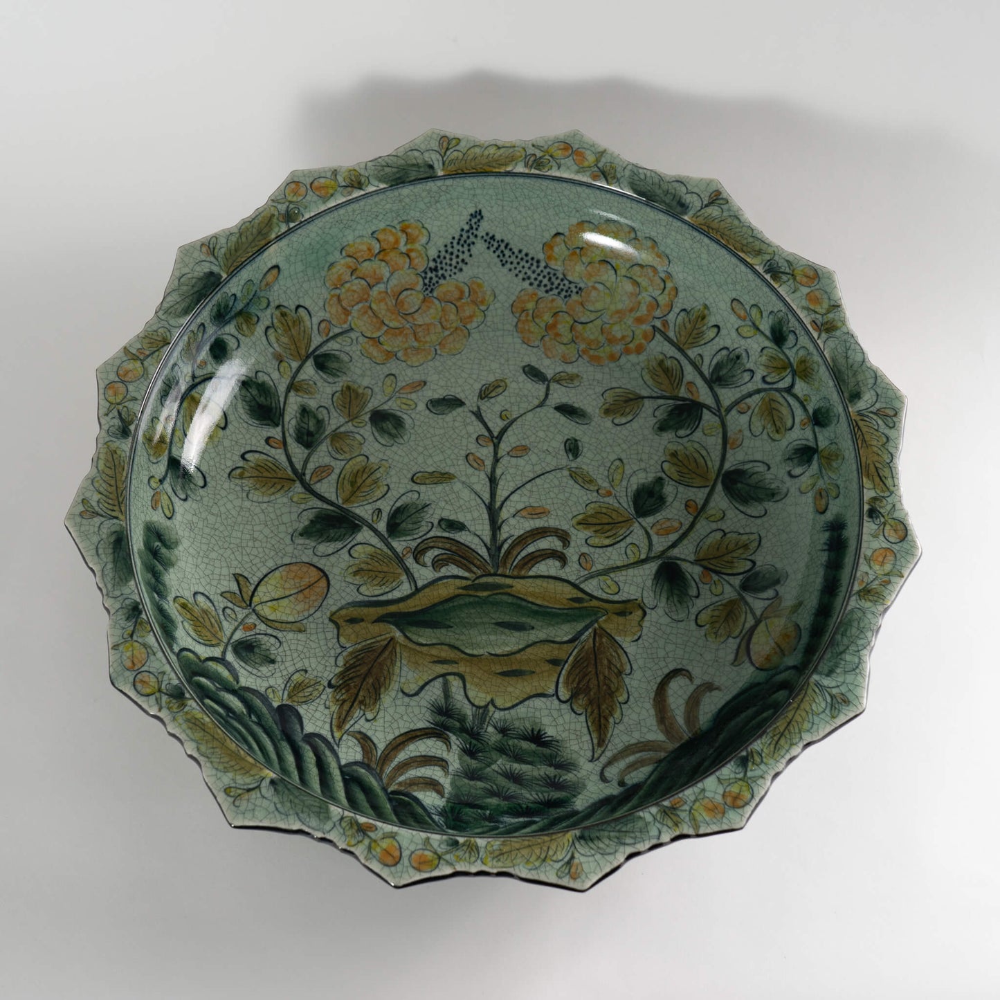 Large Maitland Smith Bowl Green and blue flower and leaf pattern 