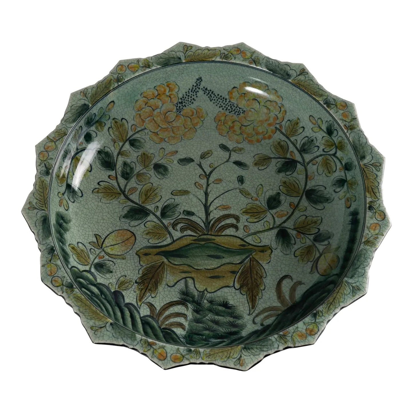 Large Maitland Smith Bowl - Green Chinoiserie Floral  