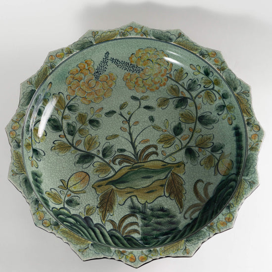 Large Maitland Smith Bowl - Green Chinoiserie Floral  