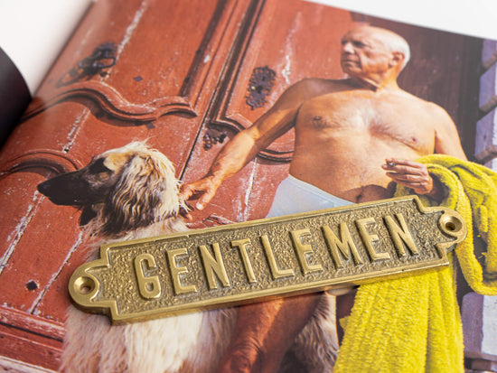 Load image into Gallery viewer, Vintage brass gentlemen hanging sign gift for boyfriend 
