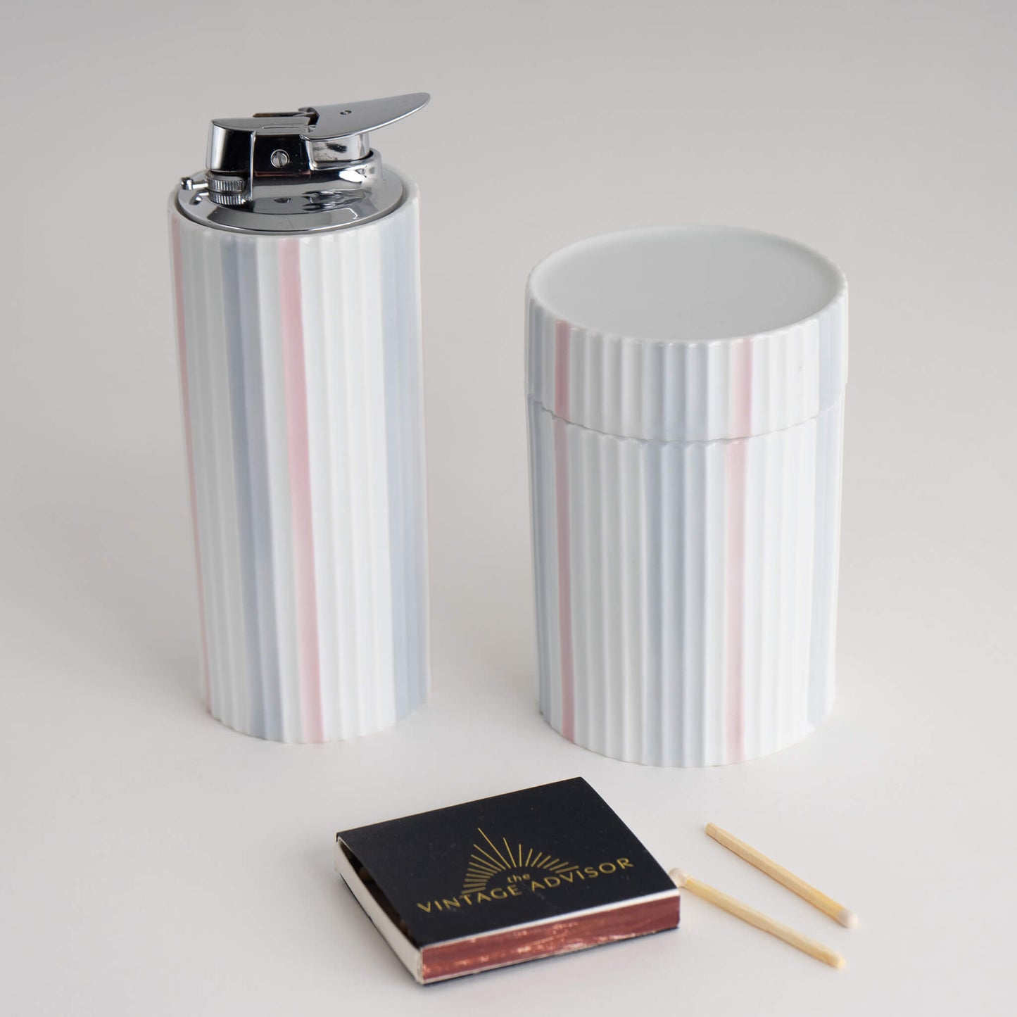 Load image into Gallery viewer, Vintage Rosenthal Germany Striped Table Lighter and Cannister
