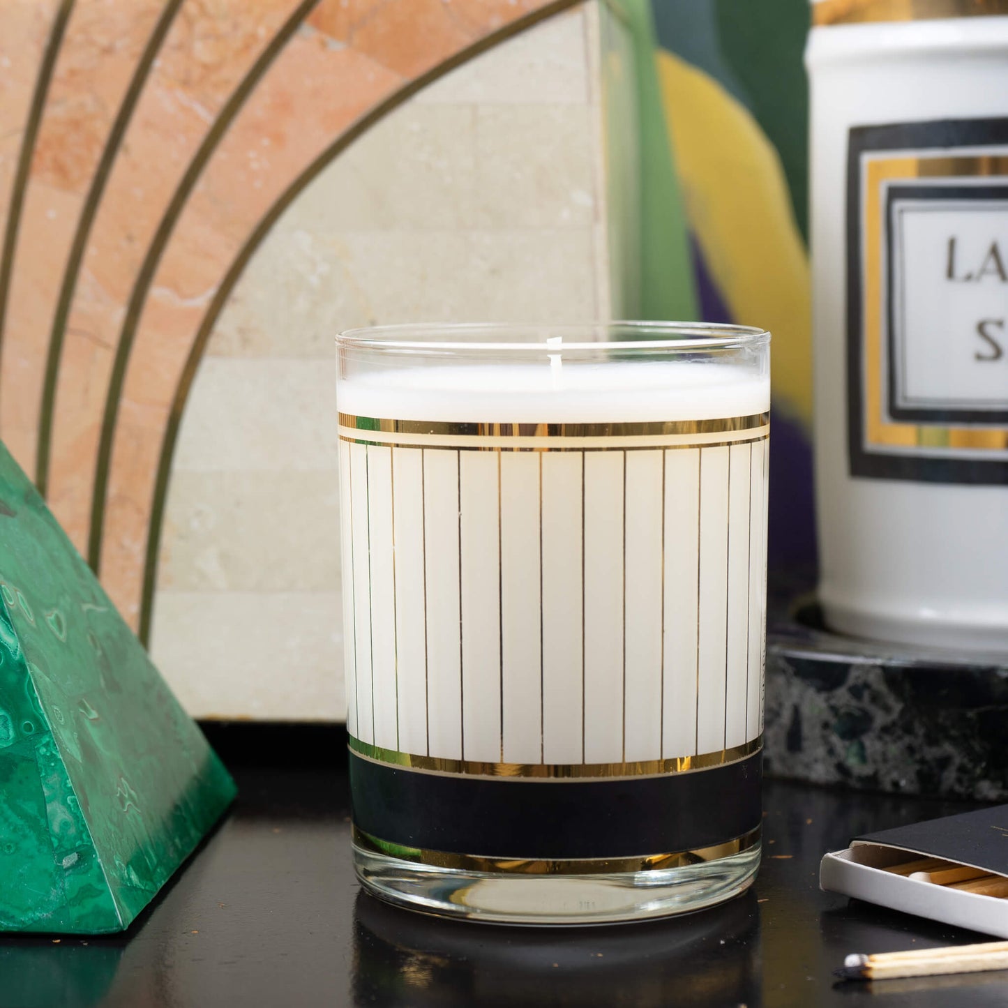 Load image into Gallery viewer, Vintage Black and Gold Stripe Culver Glass Candle - vintage barware gift
